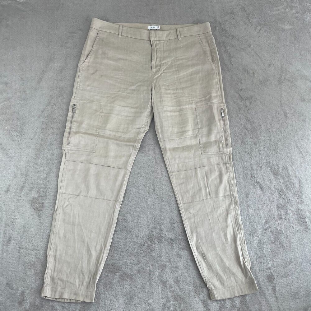 VINCE Linen Cargo Pants Women 10 Beige Elastic Leg Openings Zip Pockets Designer